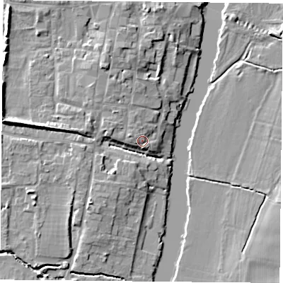 Shaded relief map of the ground around OX100HA, computed from Environment Agency LiDAR. The ground here sits at about 48 m above sea level and falls 9 m across the surrounding 800 m. Surface water reaching this point runs off ground lying to the west-north-west, 1.7 m higher.