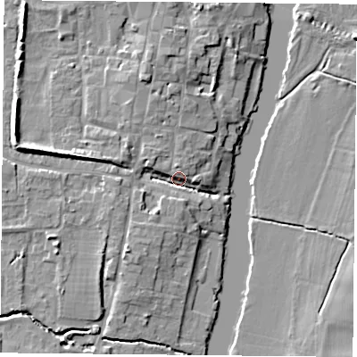 Shaded relief map of the ground around OX100HB, computed from Environment Agency LiDAR. The ground here sits at about 47 m above sea level and falls 9 m across the surrounding 800 m. Surface water reaching this point runs off ground lying to the north-north-west, 6.9 m higher.