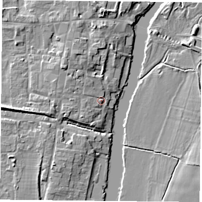Shaded relief map of the ground around OX100HD, computed from Environment Agency LiDAR. The ground here sits at about 47 m above sea level and falls 9 m across the surrounding 800 m. Surface water reaching this point runs off ground lying to the north-west, 3.8 m higher.