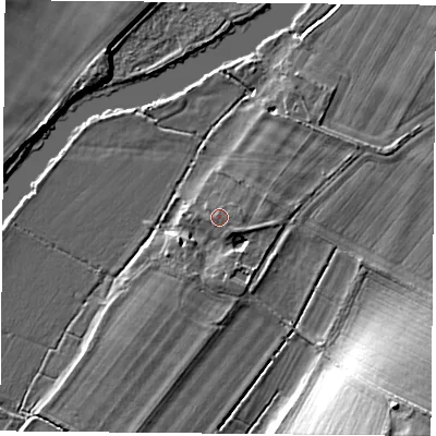 Shaded relief map of the ground around OX106AX, computed from Environment Agency LiDAR. The ground here sits at about 45 m above sea level and falls 17 m across the surrounding 800 m. Surface water reaching this point runs off ground lying to the south-east, 0.8 m higher.