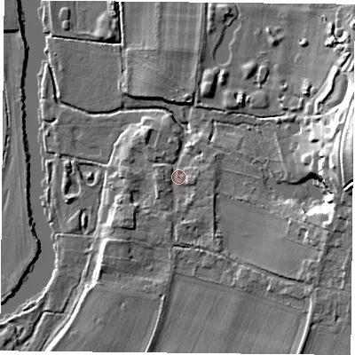 Shaded relief map of the ground around OX106BL, computed from Environment Agency LiDAR. The ground here sits at about 45 m above sea level and falls 19 m across the surrounding 800 m. Surface water reaching this point runs off ground lying to the south-west, 2.1 m higher.
