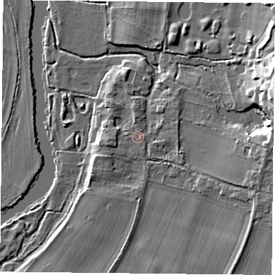Shaded relief map of the ground around OX106BQ, computed from Environment Agency LiDAR. The ground here sits at about 46 m above sea level and falls 15 m across the surrounding 800 m. Surface water reaching this point runs off ground lying to the west, 1.4 m higher.