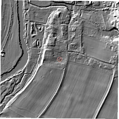 Shaded relief map of the ground around OX106BU, computed from Environment Agency LiDAR. The ground here sits at about 45 m above sea level and falls 11 m across the surrounding 800 m. Surface water reaching this point runs off ground lying to the east, 5.0 m higher.