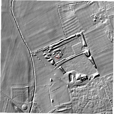 Shaded relief map of the ground around OX106FU, computed from Environment Agency LiDAR. The ground here sits at about 48 m above sea level and falls 12 m across the surrounding 800 m. Surface water reaching this point runs off ground lying to the east-north-east, 10.2 m higher.