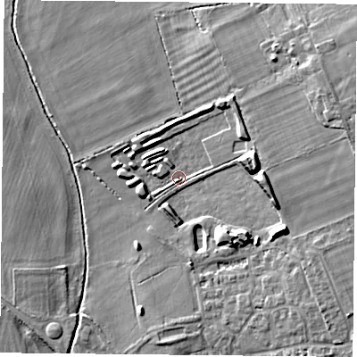 Shaded relief map of the ground around OX106FW, computed from Environment Agency LiDAR. The ground here sits at about 47 m above sea level and falls 12 m across the surrounding 800 m. Surface water reaching this point runs off ground lying to the east-north-east, 10.7 m higher.