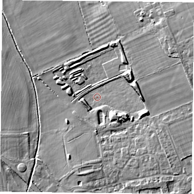 Shaded relief map of the ground around OX106FX, computed from Environment Agency LiDAR. The ground here sits at about 47 m above sea level and falls 13 m across the surrounding 800 m. Surface water reaching this point runs off ground lying to the east-north-east, 10.5 m higher.