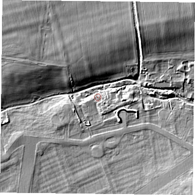 Shaded relief map of the ground around OX106HA, computed from Environment Agency LiDAR. The ground here sits at about 64 m above sea level and falls 16 m across the surrounding 800 m. Surface water reaching this point runs off ground lying to the east-south-east, 2.4 m higher.
