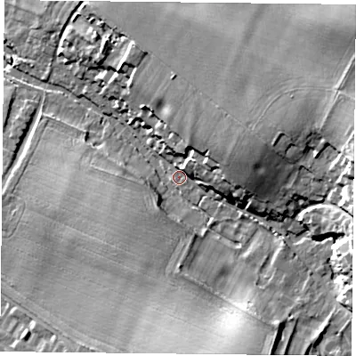 Shaded relief map of the ground around OX106HJ, computed from Environment Agency LiDAR. The ground here sits at about 75 m above sea level and falls 27 m across the surrounding 800 m. Surface water reaching this point runs off ground lying to the south-south-east, 21.9 m higher.