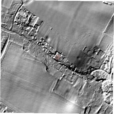 Shaded relief map of the ground around OX106HQ, computed from Environment Agency LiDAR. The ground here sits at about 80 m above sea level and falls 24 m across the surrounding 800 m. Surface water reaching this point runs off ground lying to the east-north-east, 10.6 m higher.