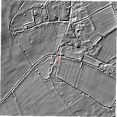 Shaded relief map of the ground around OX106JJ, computed from Environment Agency LiDAR. The ground here sits at about 53 m above sea level and falls 9 m across the surrounding 800 m. Surface water reaching this point runs off ground lying to the east, 2.8 m higher.