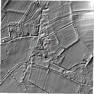 Shaded relief map of the ground around OX106JQ, computed from Environment Agency LiDAR. The ground here sits at about 55 m above sea level and falls 16 m across the surrounding 800 m. Surface water reaching this point runs off ground lying to the east-north-east, 2.0 m higher.