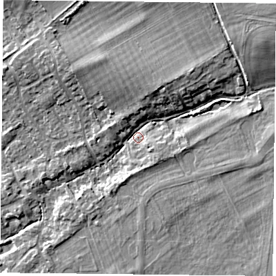 Shaded relief map of the ground around OX106LH, computed from Environment Agency LiDAR. The ground here sits at about 56 m above sea level and falls 15 m across the surrounding 800 m. Surface water reaching this point runs off ground lying to the north-east, 10.8 m higher.