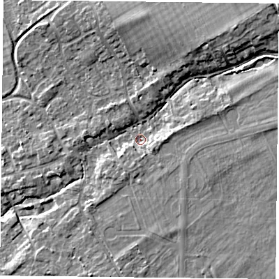 Shaded relief map of the ground around OX106LN, computed from Environment Agency LiDAR. The ground here sits at about 54 m above sea level and falls 14 m across the surrounding 800 m. Surface water reaching this point runs off ground lying to the south-east, 2.8 m higher.