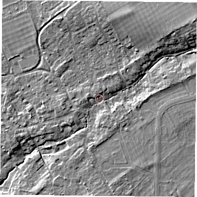 Shaded relief map of the ground around OX106LQ, computed from Environment Agency LiDAR. The ground here sits at about 54 m above sea level and falls 15 m across the surrounding 800 m. Surface water reaching this point runs off ground lying to the north-east, 8.8 m higher.