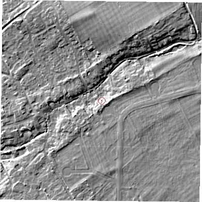 Shaded relief map of the ground around OX106LW, computed from Environment Agency LiDAR. The ground here sits at about 56 m above sea level and falls 14 m across the surrounding 800 m. Surface water reaching this point runs off ground lying to the east-north-east, 3.3 m higher.