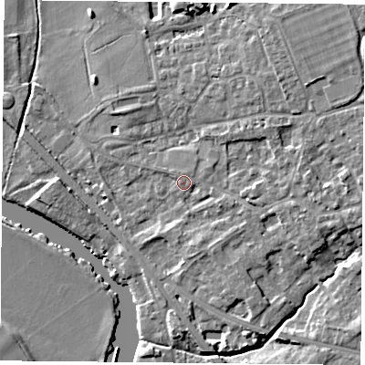 Shaded relief map of the ground around OX106LX, computed from Environment Agency LiDAR. The ground here sits at about 49 m above sea level and falls 12 m across the surrounding 800 m. Surface water reaching this point runs off ground lying to the north-north-west, 1.2 m higher.