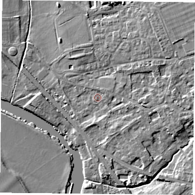 Shaded relief map of the ground around OX106PD, computed from Environment Agency LiDAR. The ground here sits at about 48 m above sea level and falls 11 m across the surrounding 800 m. Surface water reaching this point runs off ground lying to the east-north-east, 1.7 m higher.