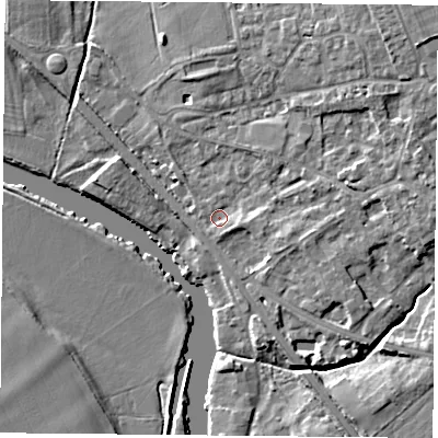 Shaded relief map of the ground around OX106SH, computed from Environment Agency LiDAR. The ground here sits at about 47 m above sea level and falls 10 m across the surrounding 800 m. Surface water reaching this point runs off ground lying to the east-north-east, 5.6 m higher.