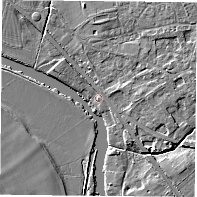 Shaded relief map of the ground around OX106SJ, computed from Environment Agency LiDAR. The ground here sits at about 47 m above sea level and falls 10 m across the surrounding 800 m. Surface water reaching this point runs off ground lying to the north-east, 3.3 m higher.