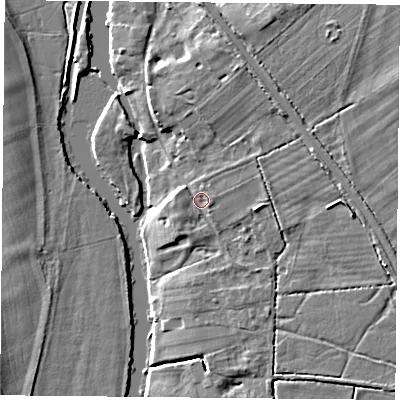 Shaded relief map of the ground around OX106SL, computed from Environment Agency LiDAR. The ground here sits at about 47 m above sea level and falls 10 m across the surrounding 800 m. Surface water reaching this point runs off ground lying to the east-north-east, 1.6 m higher.