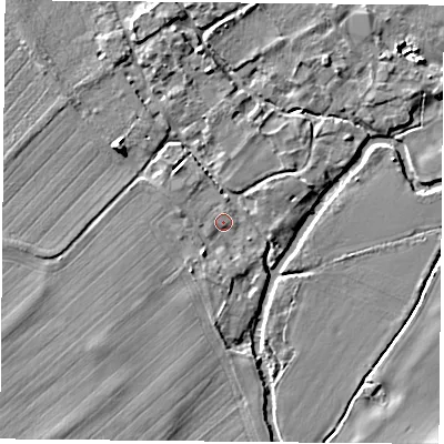Shaded relief map of the ground around OX107BG, computed from Environment Agency LiDAR. The ground here sits at about 50 m above sea level and falls 5 m across the surrounding 800 m. Surface water reaching this point runs off ground lying to the south-south-west, 2.1 m higher.