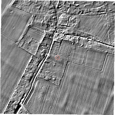 Shaded relief map of the ground around OX107BS, computed from Environment Agency LiDAR. The ground here sits at about 48 m above sea level and falls 3 m across the surrounding 800 m. The ground contributing surface water to this point lies to the west-north-west.