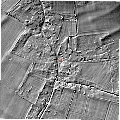 Shaded relief map of the ground around OX107DA, computed from Environment Agency LiDAR. The ground here sits at about 48 m above sea level and falls 10 m across the surrounding 800 m. Surface water reaching this point runs off ground lying to the north, 5.9 m higher.