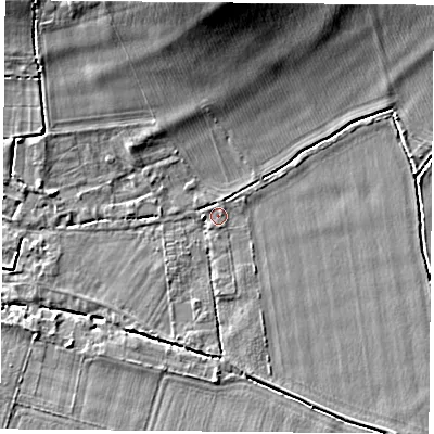 Shaded relief map of the ground around OX107DP, computed from Environment Agency LiDAR. The ground here sits at about 48 m above sea level and falls 10 m across the surrounding 800 m. Surface water reaching this point runs off ground lying to the west, 1.7 m higher.
