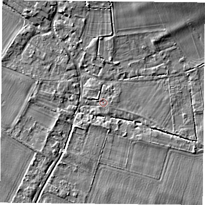 Shaded relief map of the ground around OX107DR, computed from Environment Agency LiDAR. The ground here sits at about 48 m above sea level and falls 6 m across the surrounding 800 m. The ground contributing surface water to this point lies to the east.