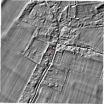 Shaded relief map of the ground around OX107DS, computed from Environment Agency LiDAR. The ground here sits at about 48 m above sea level and falls 4 m across the surrounding 800 m. Surface water reaching this point runs off ground lying to the north-north-east, 3.5 m higher.