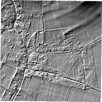 Shaded relief map of the ground around OX107DW, computed from Environment Agency LiDAR. The ground here sits at about 48 m above sea level and falls 10 m across the surrounding 800 m. Surface water reaching this point runs off ground lying to the north-north-east, 9.0 m higher.