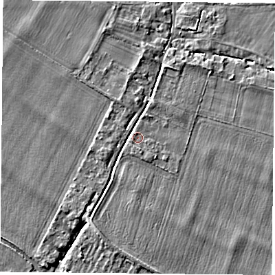 Shaded relief map of the ground around OX107DX, computed from Environment Agency LiDAR. The ground here sits at about 48 m above sea level and falls 4 m across the surrounding 800 m. Surface water reaching this point runs off ground lying to the south-south-east, 0.9 m higher.