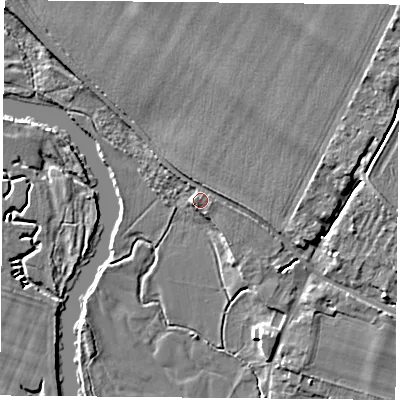 Shaded relief map of the ground around OX107EG, computed from Environment Agency LiDAR. The ground here sits at about 48 m above sea level and falls 5 m across the surrounding 800 m. Surface water reaching this point runs off ground lying to the north-north-east, 0.8 m higher.