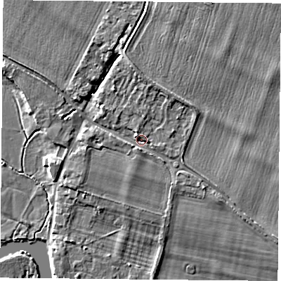 Shaded relief map of the ground around OX107EH, computed from Environment Agency LiDAR. The ground here sits at about 48 m above sea level and falls 5 m across the surrounding 800 m. Surface water reaching this point runs off ground lying to the north-west, 2.1 m higher.