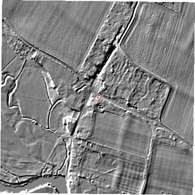 Shaded relief map of the ground around OX107EL, computed from Environment Agency LiDAR. The ground here sits at about 48 m above sea level and falls 5 m across the surrounding 800 m. Surface water reaching this point runs off ground lying to the north-north-east, 3.6 m higher.