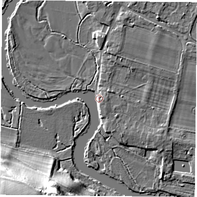 Shaded relief map of the ground around OX107EP, computed from Environment Agency LiDAR. The ground here sits at about 47 m above sea level and falls 29 m across the surrounding 800 m. Surface water reaching this point runs off ground lying to the south-south-west, 28.6 m higher.
