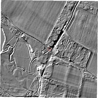 Shaded relief map of the ground around OX107EQ, computed from Environment Agency LiDAR. The ground here sits at about 48 m above sea level and falls 5 m across the surrounding 800 m. Surface water reaching this point runs off ground lying to the north-north-west, 3.0 m higher.