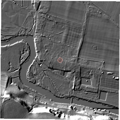 Shaded relief map of the ground around OX107ER, computed from Environment Agency LiDAR. The ground here sits at about 47 m above sea level and falls 32 m across the surrounding 800 m. Surface water reaching this point runs off ground lying to the east-south-east, 1.9 m higher.