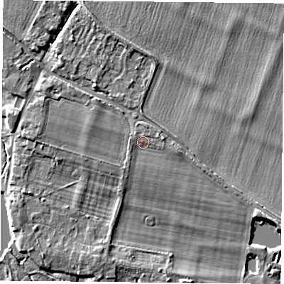 Shaded relief map of the ground around OX107ES, computed from Environment Agency LiDAR. The ground here sits at about 48 m above sea level and falls 6 m across the surrounding 800 m. Surface water reaching this point runs off ground lying to the east-north-east, 0.9 m higher.