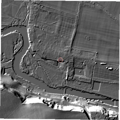 Shaded relief map of the ground around OX107EU, computed from Environment Agency LiDAR. The ground here sits at about 47 m above sea level and falls 32 m across the surrounding 800 m. Surface water reaching this point runs off ground lying to the north-east, 3.1 m higher.