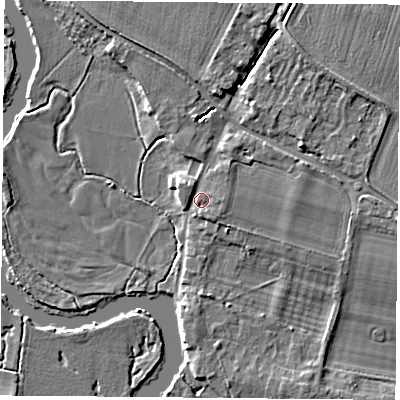Shaded relief map of the ground around OX107EW, computed from Environment Agency LiDAR. The ground here sits at about 48 m above sea level and falls 5 m across the surrounding 800 m. Surface water reaching this point runs off ground lying to the north-east, 2.1 m higher.