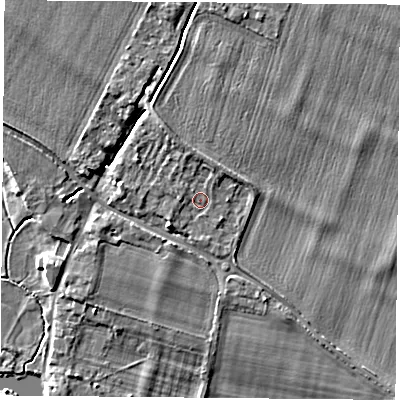 Shaded relief map of the ground around OX107EX, computed from Environment Agency LiDAR. The ground here sits at about 48 m above sea level and falls 5 m across the surrounding 800 m. Surface water reaching this point runs off ground lying to the north, 1.4 m higher.