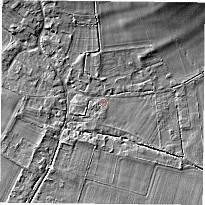 Shaded relief map of the ground around OX107HA, computed from Environment Agency LiDAR. The ground here sits at about 48 m above sea level and falls 8 m across the surrounding 800 m. Surface water reaching this point runs off ground lying to the north-east, 7.1 m higher.