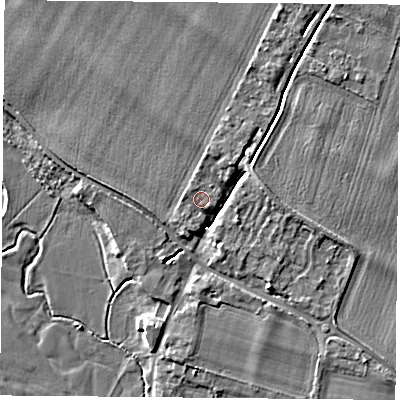 Shaded relief map of the ground around OX107HG, computed from Environment Agency LiDAR. The ground here sits at about 48 m above sea level and falls 5 m across the surrounding 800 m. Surface water reaching this point runs off ground lying to the south-south-west, 3.1 m higher.