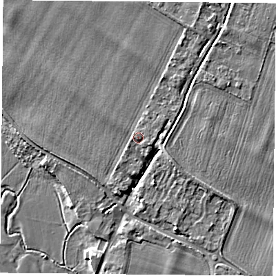 Shaded relief map of the ground around OX107HQ, computed from Environment Agency LiDAR. The ground here sits at about 49 m above sea level and falls 5 m across the surrounding 800 m. Surface water reaching this point runs off ground lying to the west-south-west, 1.1 m higher.