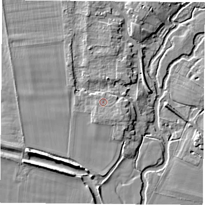 Shaded relief map of the ground around OX107JJ, computed from Environment Agency LiDAR. The ground here sits at about 49 m above sea level and falls 7 m across the surrounding 800 m. Surface water reaching this point runs off ground lying to the east-south-east, 1.5 m higher.