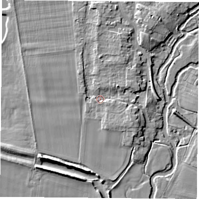 Shaded relief map of the ground around OX107JQ, computed from Environment Agency LiDAR. The ground here sits at about 48 m above sea level and falls 7 m across the surrounding 800 m. Surface water reaching this point runs off ground lying to the north-east, 3.7 m higher.