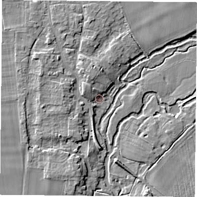 Shaded relief map of the ground around OX107JT, computed from Environment Agency LiDAR. The ground here sits at about 47 m above sea level and falls 7 m across the surrounding 800 m. Surface water reaching this point runs off ground lying to the north-north-west, 5.5 m higher.