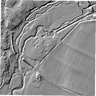 Shaded relief map of the ground around OX107JU, computed from Environment Agency LiDAR. The ground here sits at about 48 m above sea level and falls 7 m across the surrounding 800 m. Surface water reaching this point runs off ground lying to the north, 1.0 m higher.