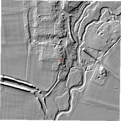 Shaded relief map of the ground around OX107JW, computed from Environment Agency LiDAR. The ground here sits at about 50 m above sea level and falls 7 m across the surrounding 800 m. Surface water reaching this point runs off ground lying to the north-west, 2.2 m higher.